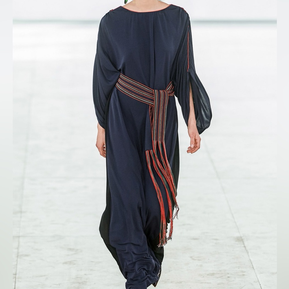 Tory Burch Runway Gown 2019 Size M /L Navy & Black Dress fringe fall colors belt